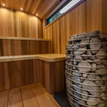 HUUM Hive Mini Electric Sauna Heater Package Close Up in a Sauna