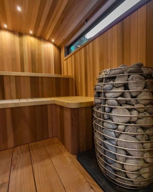 HUUM Hive Mini Electric Sauna Heater Package Close Up in a Sauna