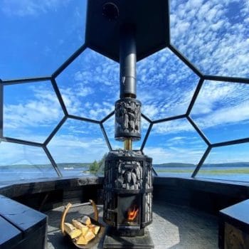 Harvia GreenFlame Series Legend 240 15.9kW Wood Sauna Stove in Glass Dome Sauna