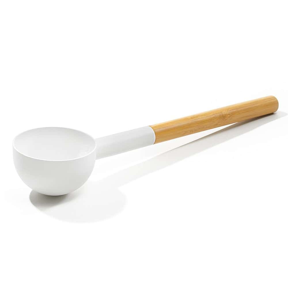 White KOLO Sauna Bucket Ladle #1 with straight handle, Bamboo/Aluminum