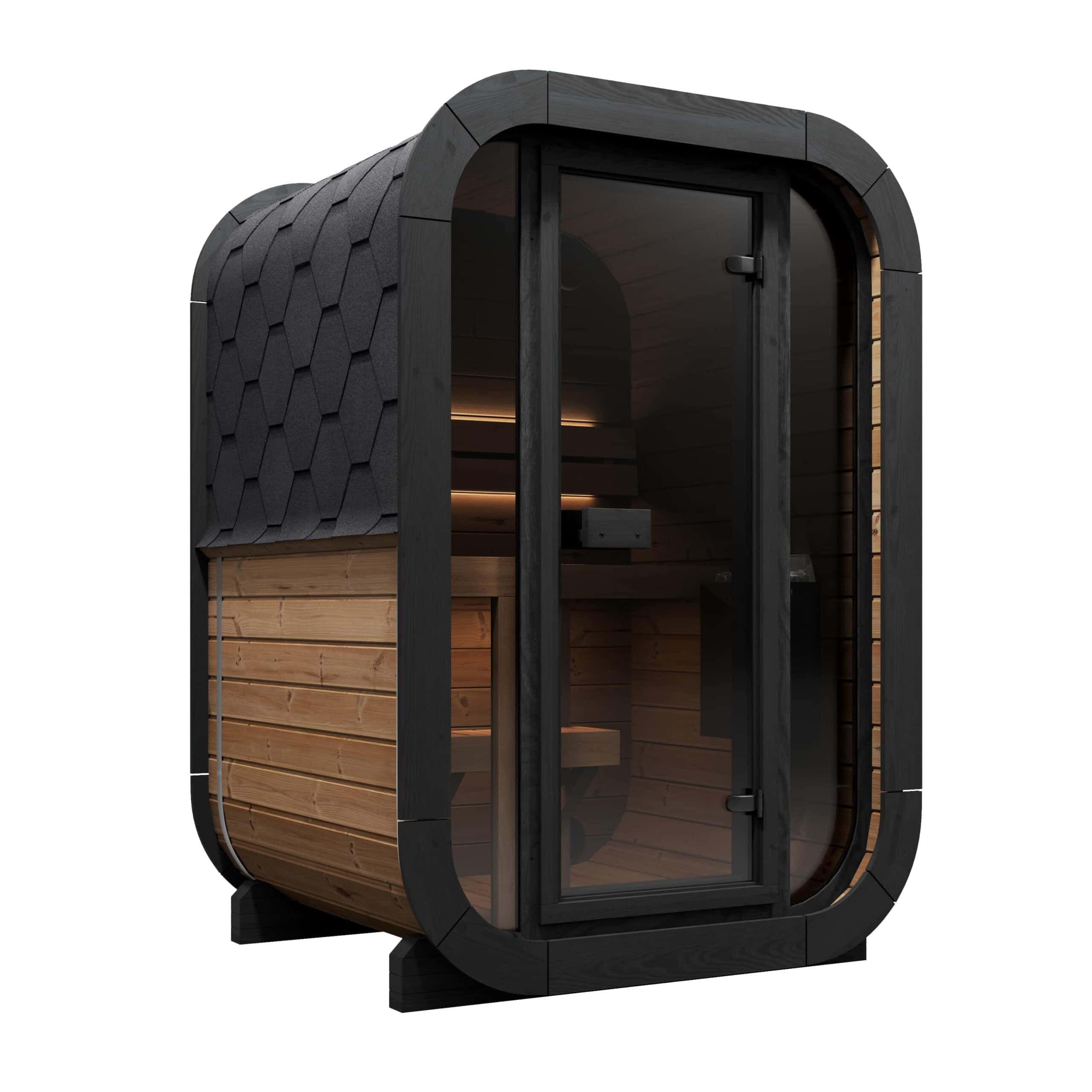 SaunaLife Cl3G cube outdoor sauna in white background