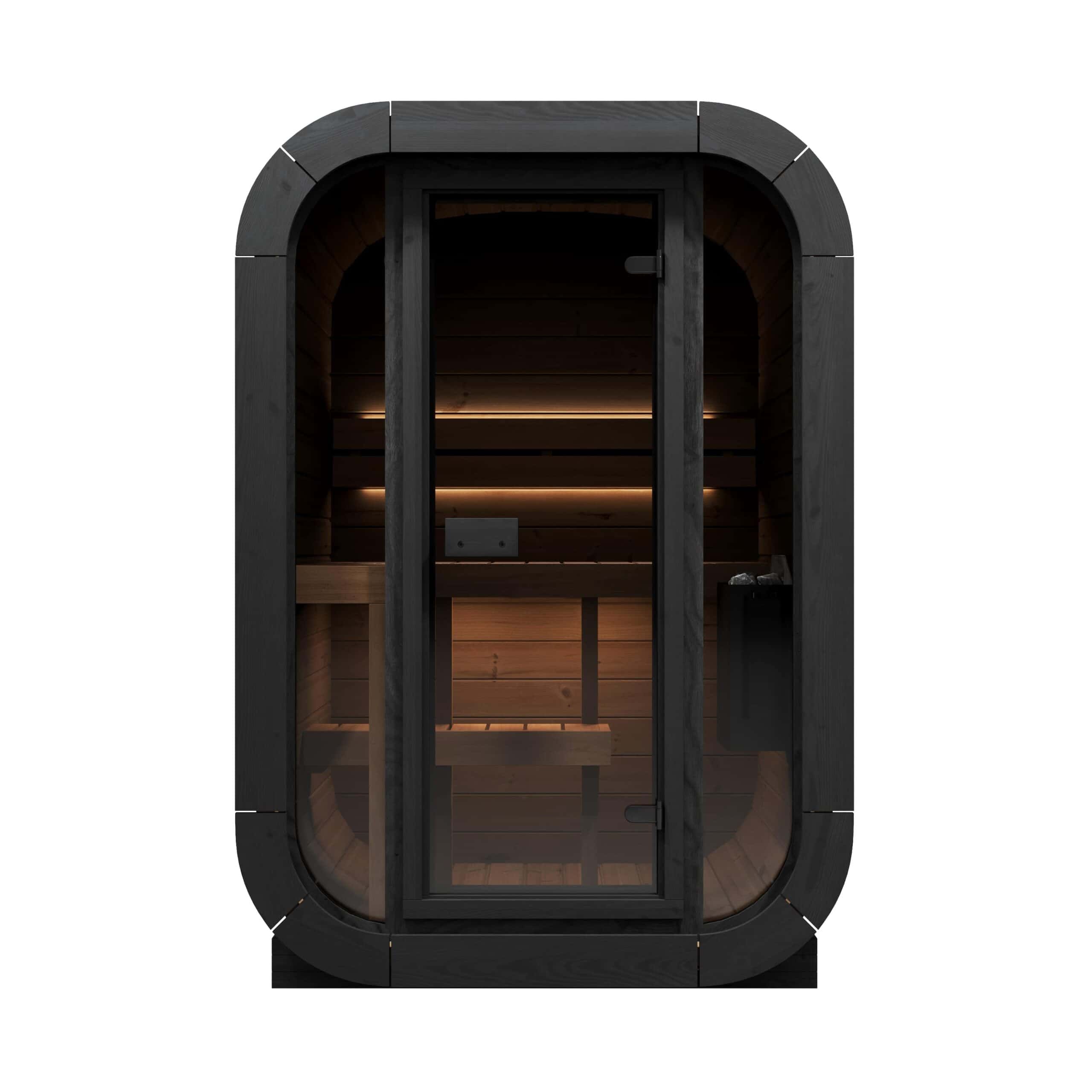 SaunaLife Cl3G cube outdoor sauna in front view