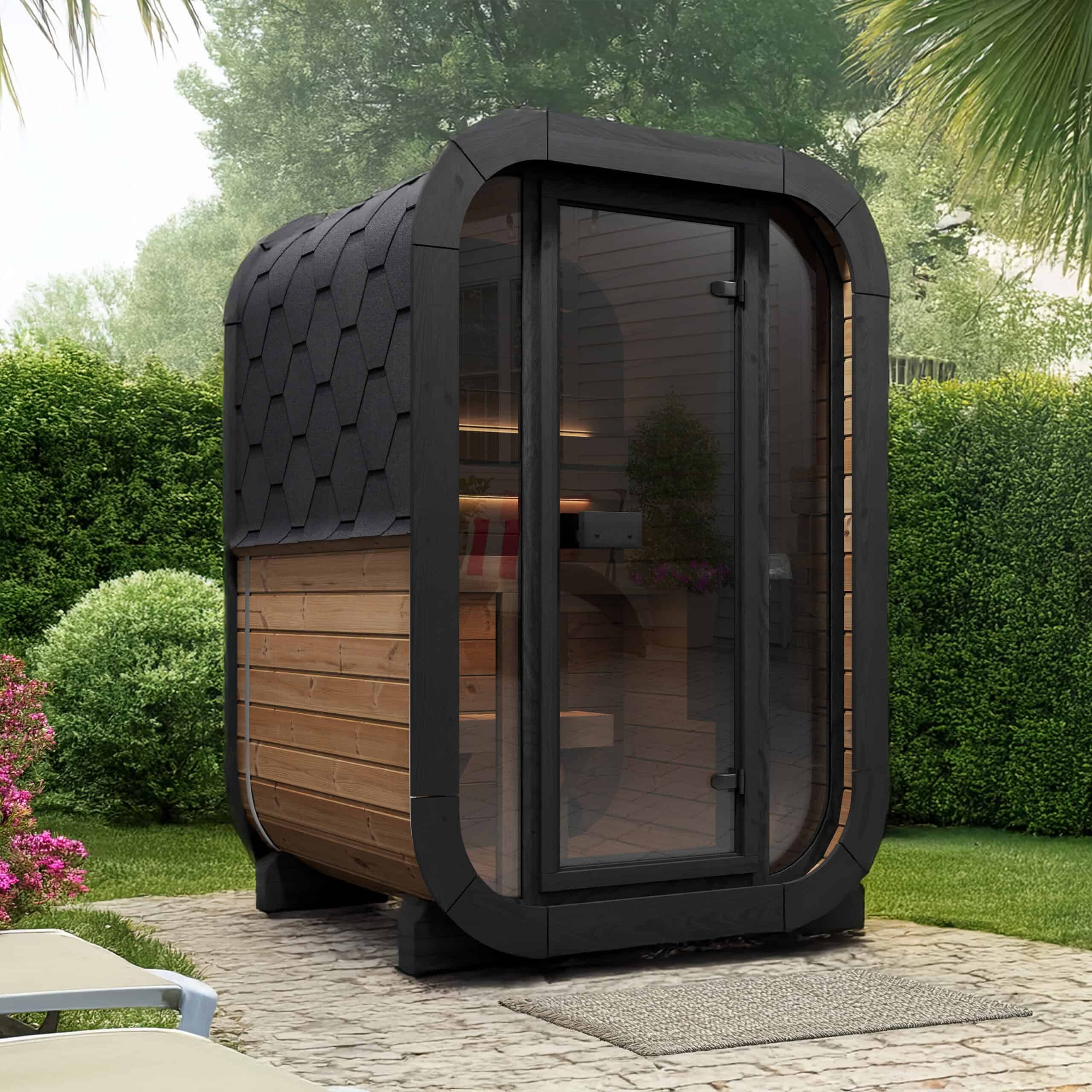 SaunaLife Cl3G cube outdoor sauna in background
