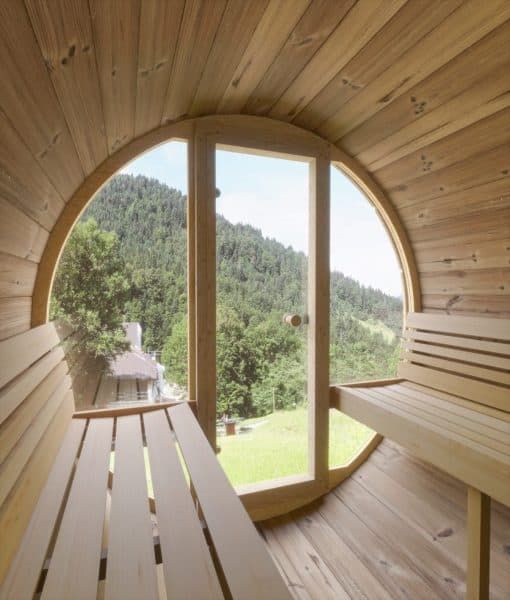 SaunaLife Model E8G Barrel Outdoor Sauna Window View