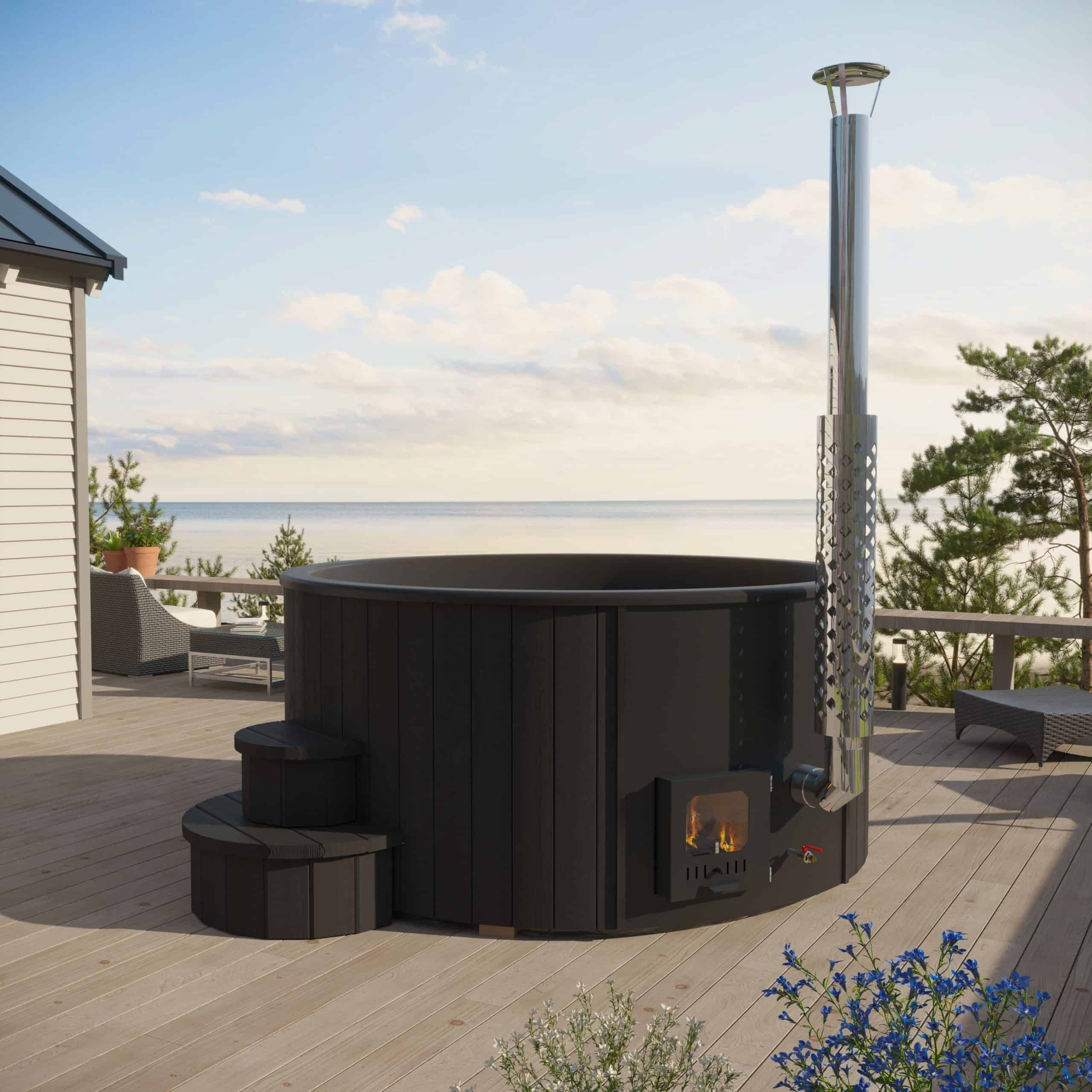 SaunaLife Model S4B Wood-Fired Hot Tub-Black Outdoors