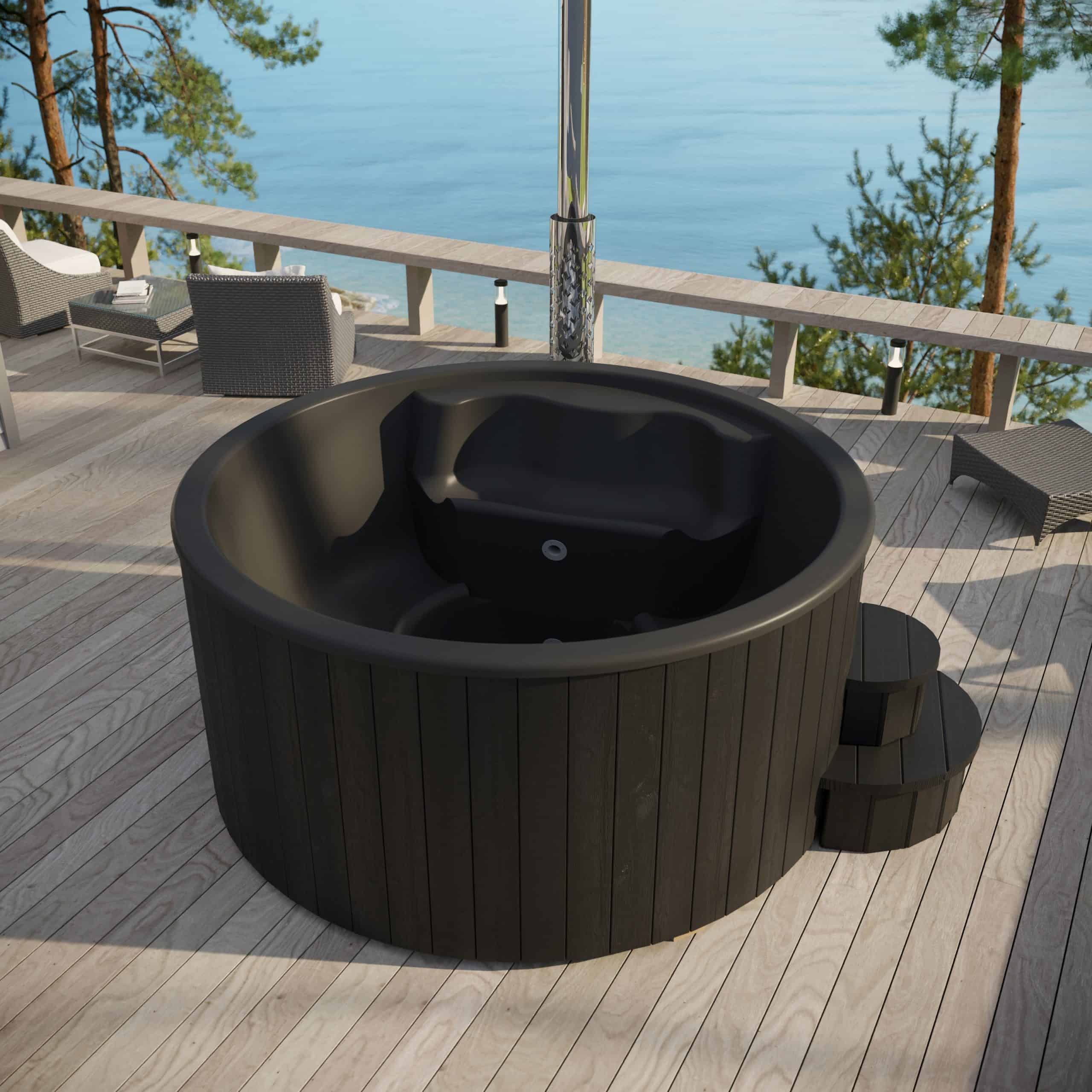 SaunaLife Model S4B Wood-Fired Hot Tub-Black on Deck