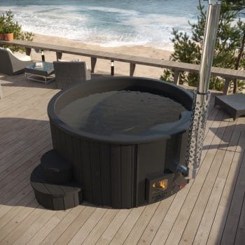 SaunaLife Model S4B Wood-Fired Hot Tub Black on Deck