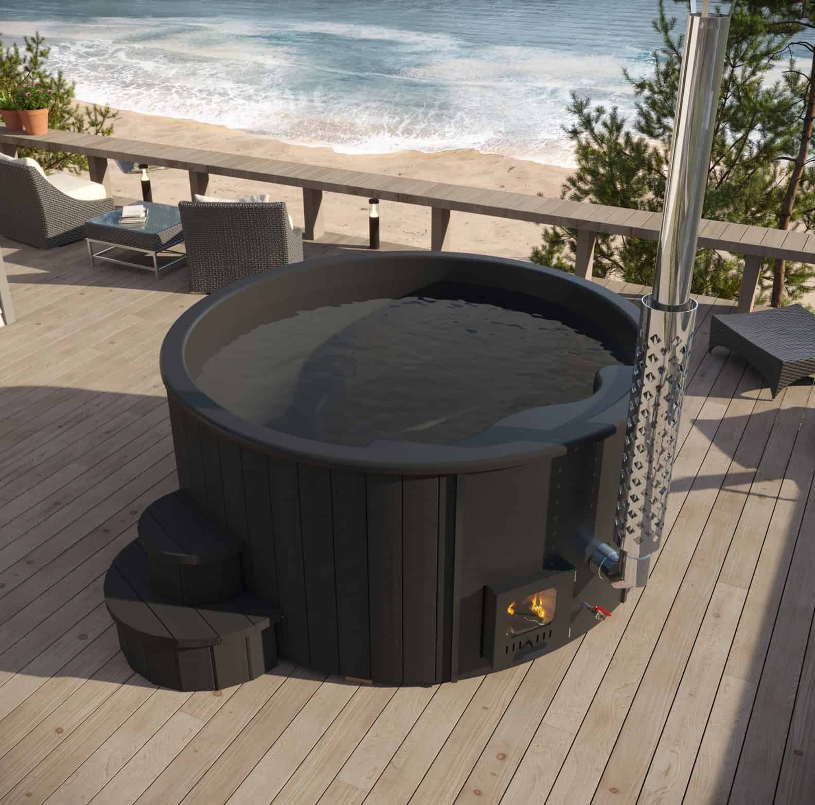SaunaLife Model S4B Wood-Fired Hot Tub Black on Deck