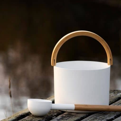 Sauna Bucket with curved handle and Ladle White