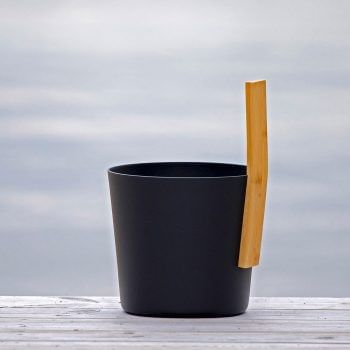 Black KOLO Sauna Bucket #3 with straight handle, Bamboo/Aluminum, 1Gal