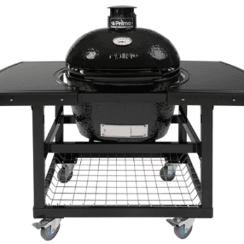 Primo Oval Large Charcoal Grill in Cart with Black Shelves