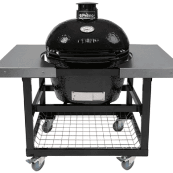Primo Oval Large Charcoal Grill in Cart with Stainless Steel Shelves