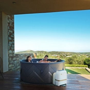 MSPA FRAME Mono Hot Tub Round Bubble Spa Lifestyle photo on patio with view