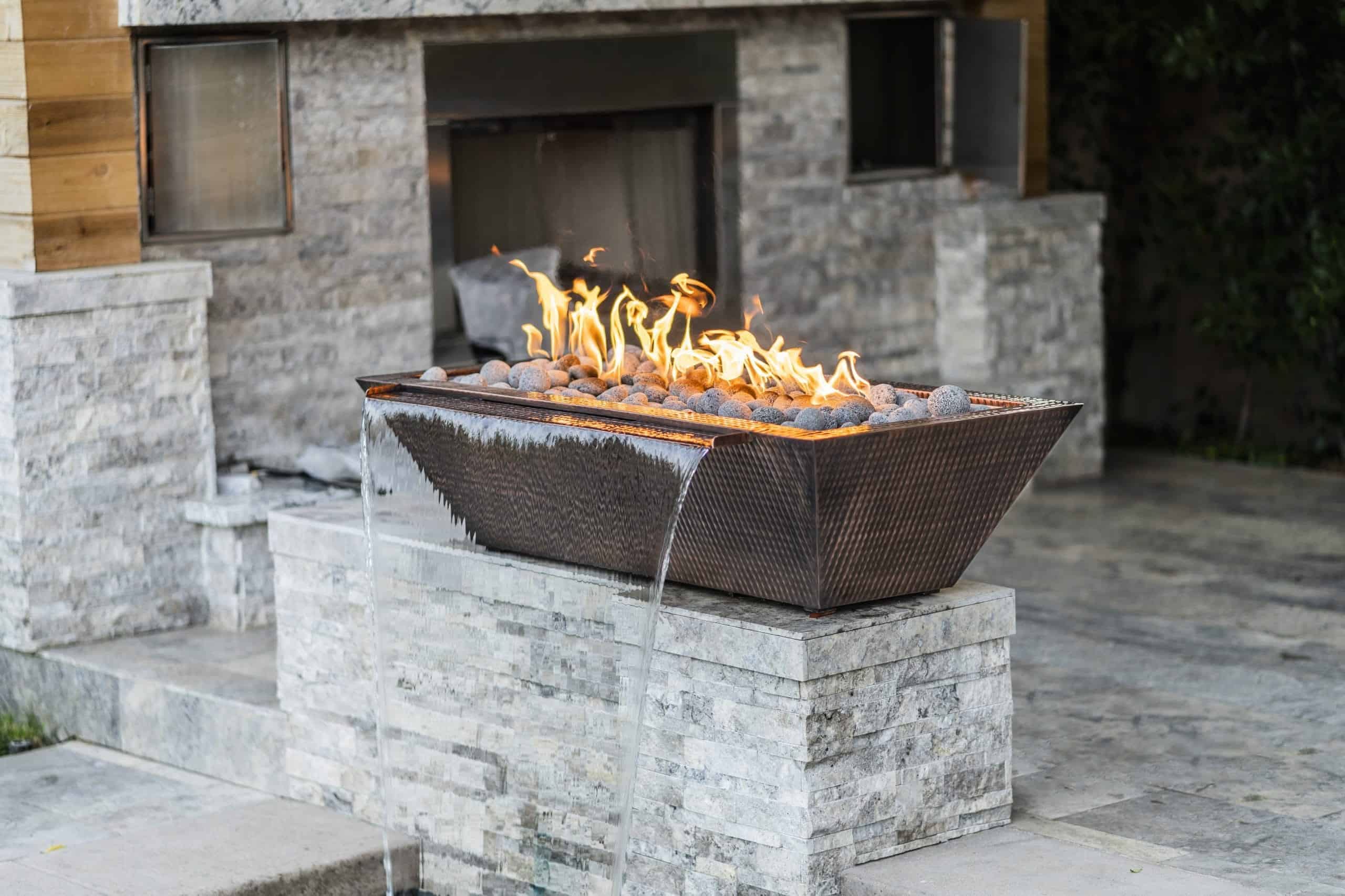 Maya Copper 48 x 20 Fire and Water Bowl poolside - Lifestyle 2